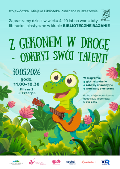 Grafika promująca spotkanie dla dzieci z Gekonem w drogę